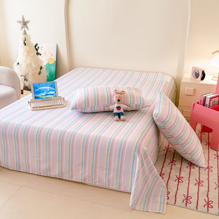 91家纺网 家纺一手货源 找家纺 温眠家纺 2025春夏新款云感棉双层纱床单单床单枕套三件套 遇见彩虹