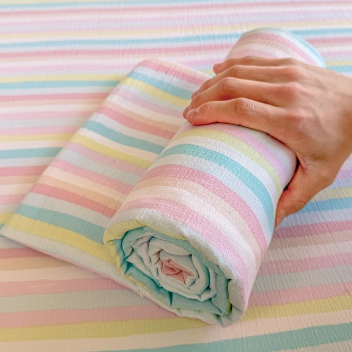 91家纺网 家纺一手货源 找家纺 温眠家纺 2025春夏新款云感棉双层纱床单单床单枕套三件套 遇见彩虹