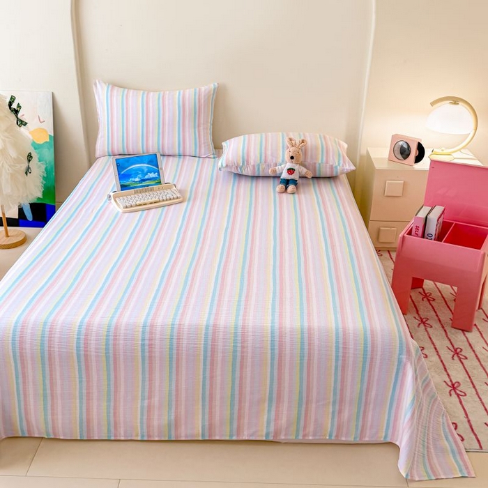 91家纺网 家纺一手货源 找家纺 温眠家纺 2025春夏新款云感棉双层纱床单单床单枕套三件套 遇见彩虹