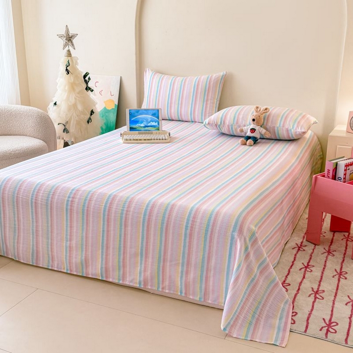 91家纺网 家纺一手货源 找家纺 温眠家纺 2025春夏新款云感棉双层纱床单单床单枕套三件套 遇见彩虹