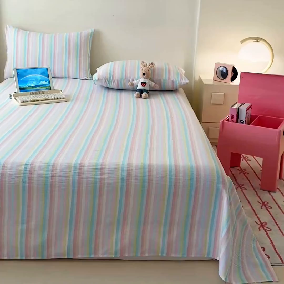 91家纺网 家纺一手货源 找家纺 温眠家纺 2025春夏新款云感棉双层纱床单单床单枕套三件套 遇见彩虹