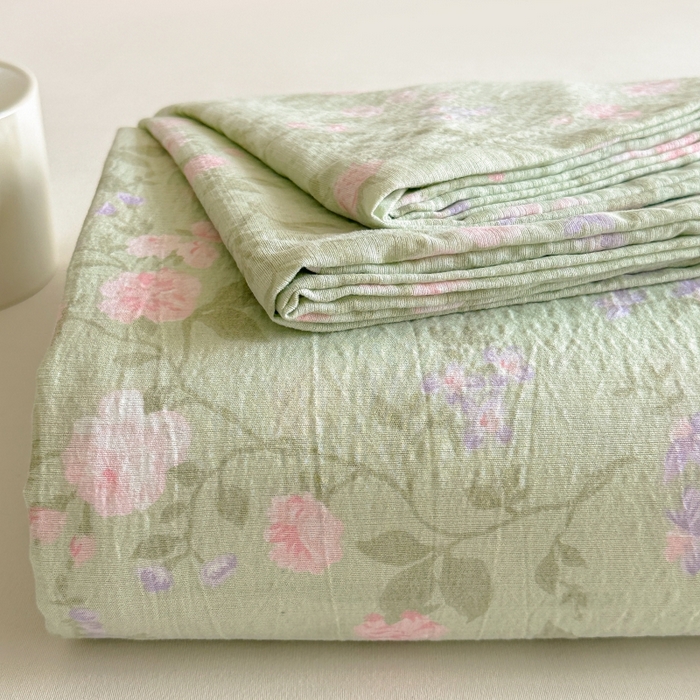 91家纺网 家纺一手货源 找家纺 温眠家纺 2025春夏新款云感棉双层纱床单单床单枕套三件套 木槿绿