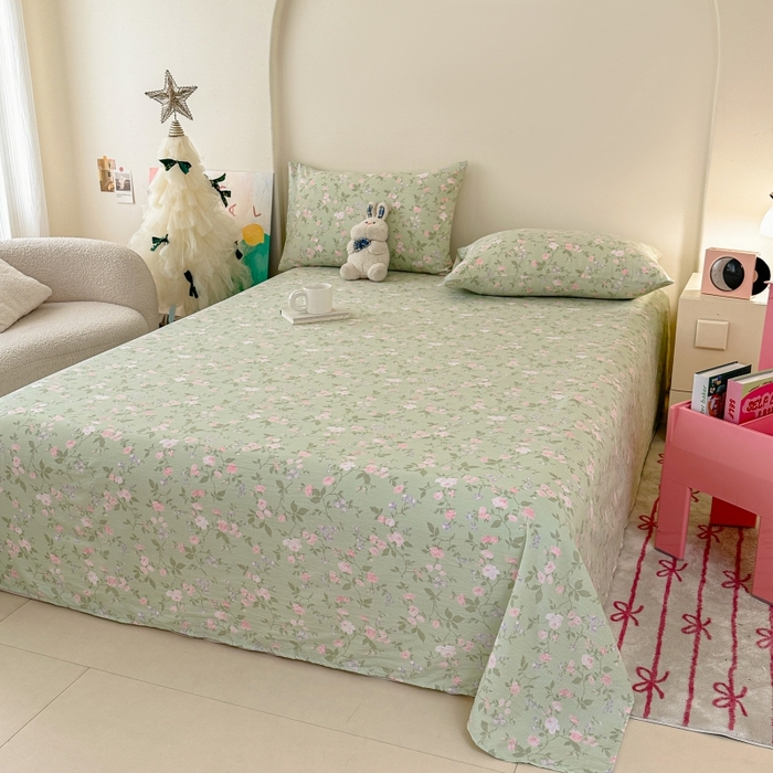 91家纺网 家纺一手货源 找家纺 温眠家纺 2025春夏新款云感棉双层纱床单单床单枕套三件套 木槿绿