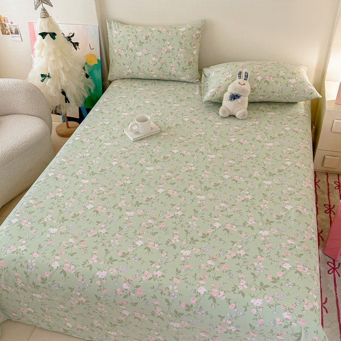 91家纺网 家纺一手货源 找家纺 温眠家纺 2025春夏新款云感棉双层纱床单单床单枕套三件套 木槿绿