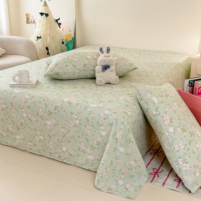 91家纺网 家纺一手货源 找家纺 温眠家纺 2025春夏新款云感棉双层纱床单单床单枕套三件套 木槿绿