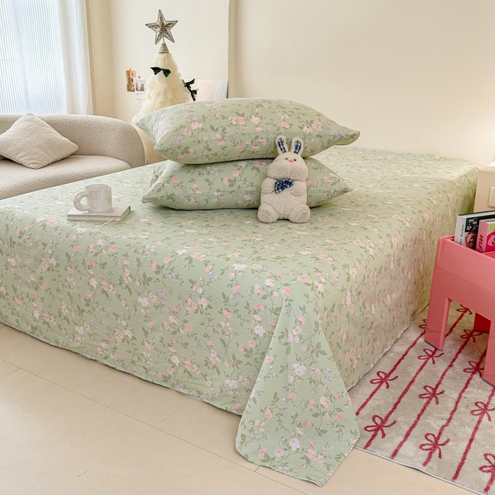 91家纺网 家纺一手货源 找家纺 温眠家纺 2025春夏新款云感棉双层纱床单单床单枕套三件套 木槿绿