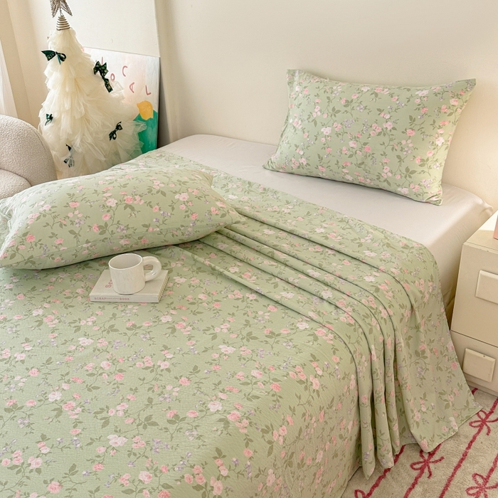 91家纺网 家纺一手货源 找家纺 温眠家纺 2025春夏新款云感棉双层纱床单单床单枕套三件套 木槿绿