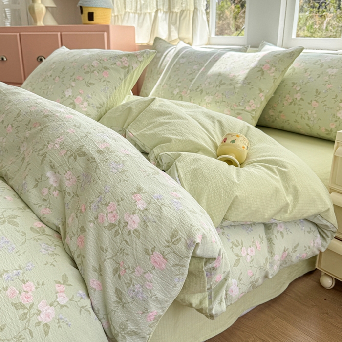 91家纺网 家纺一手货源 找家纺 温眠家纺 2025新款云感针织双层纱单被套系列 木槿绿