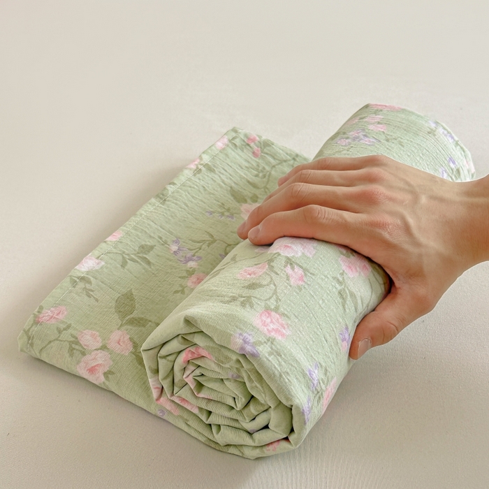 91家纺网 家纺一手货源 找家纺 温眠家纺 2025春夏新款云感棉双层纱床单单床单枕套三件套 木槿绿