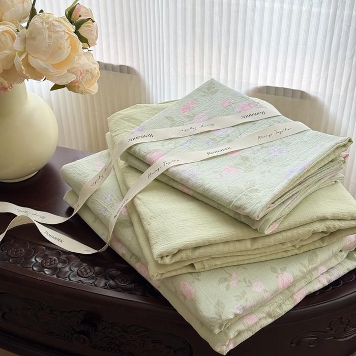 91家纺网 家纺一手货源 找家纺 温眠家纺 2025新款云感针织双层纱单被套系列 木槿绿