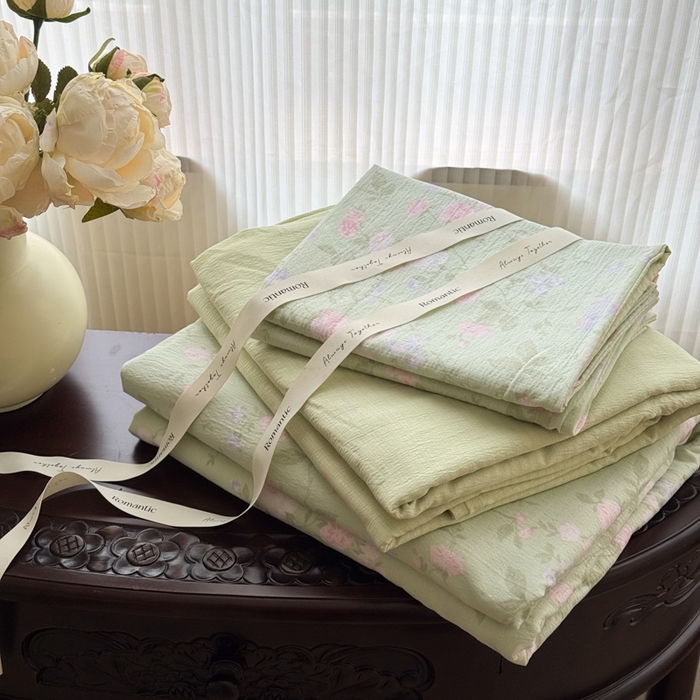 91家纺网 家纺一手货源 找家纺 温眠家纺 2025新款云感针织双层纱单被套系列 木槿绿