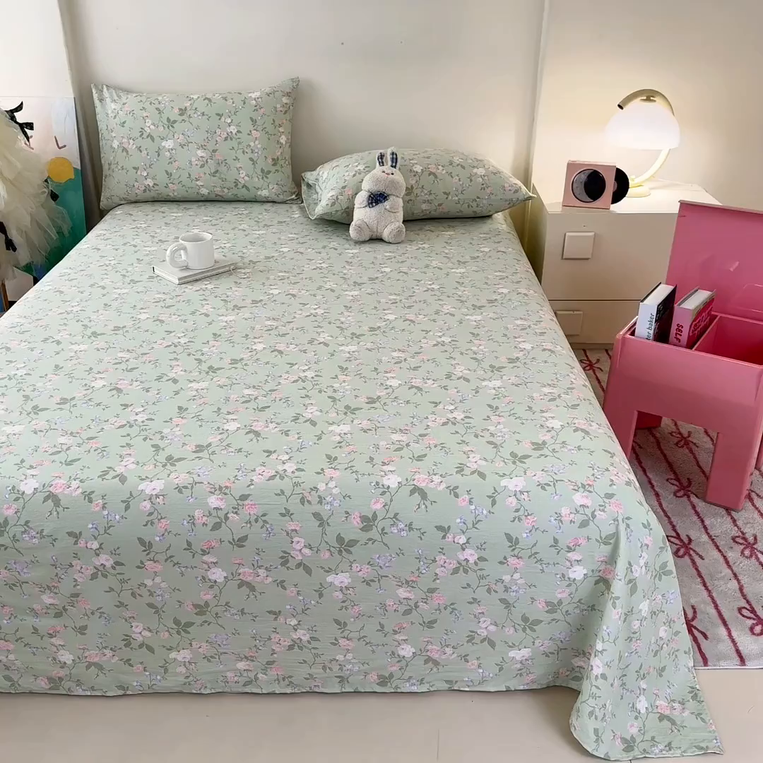 91家纺网 家纺一手货源 找家纺 温眠家纺 2025春夏新款云感棉双层纱床单单床单枕套三件套 木槿绿