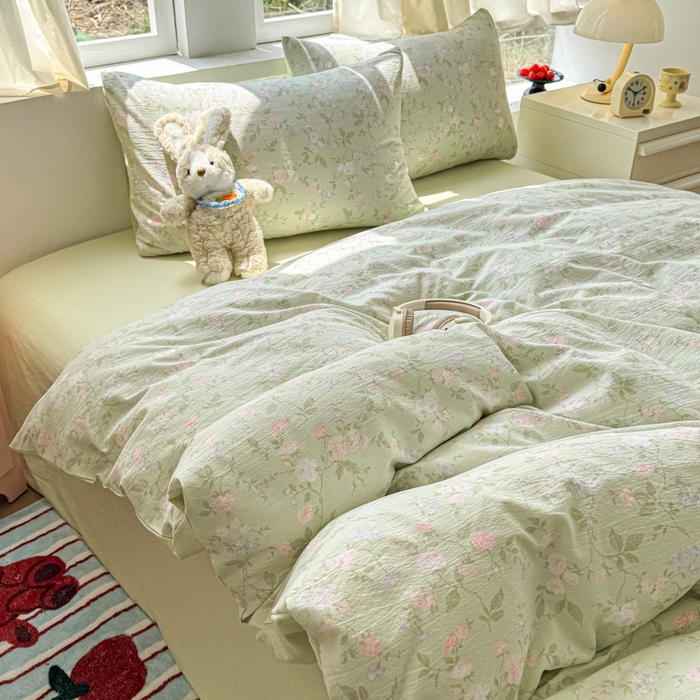 91家纺网 家纺一手货源 找家纺 温眠家纺 2025新款云感针织双层纱单被套系列 木槿绿