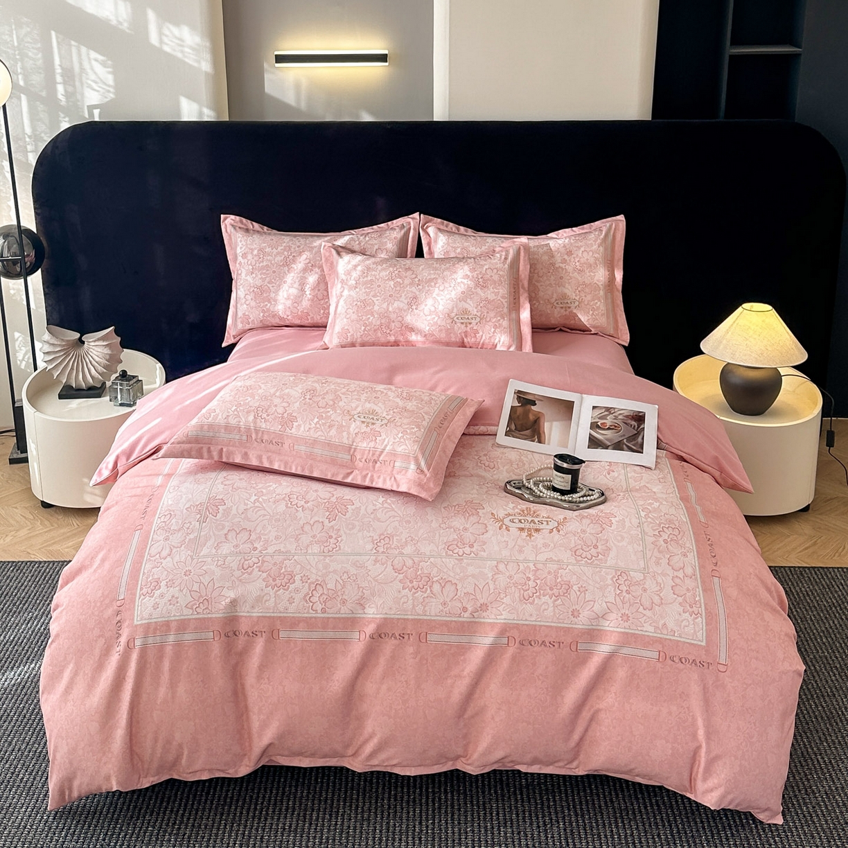 91家纺网 家纺一手货源 找家纺 喜四方 2026年新款加厚全棉印花加绣花四件套 花样年华-粉