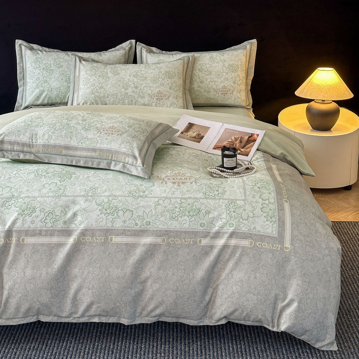 91家纺网 家纺一手货源 找家纺 喜四方 2026年新款加厚全棉印花加绣花四件套 花样年华-绿