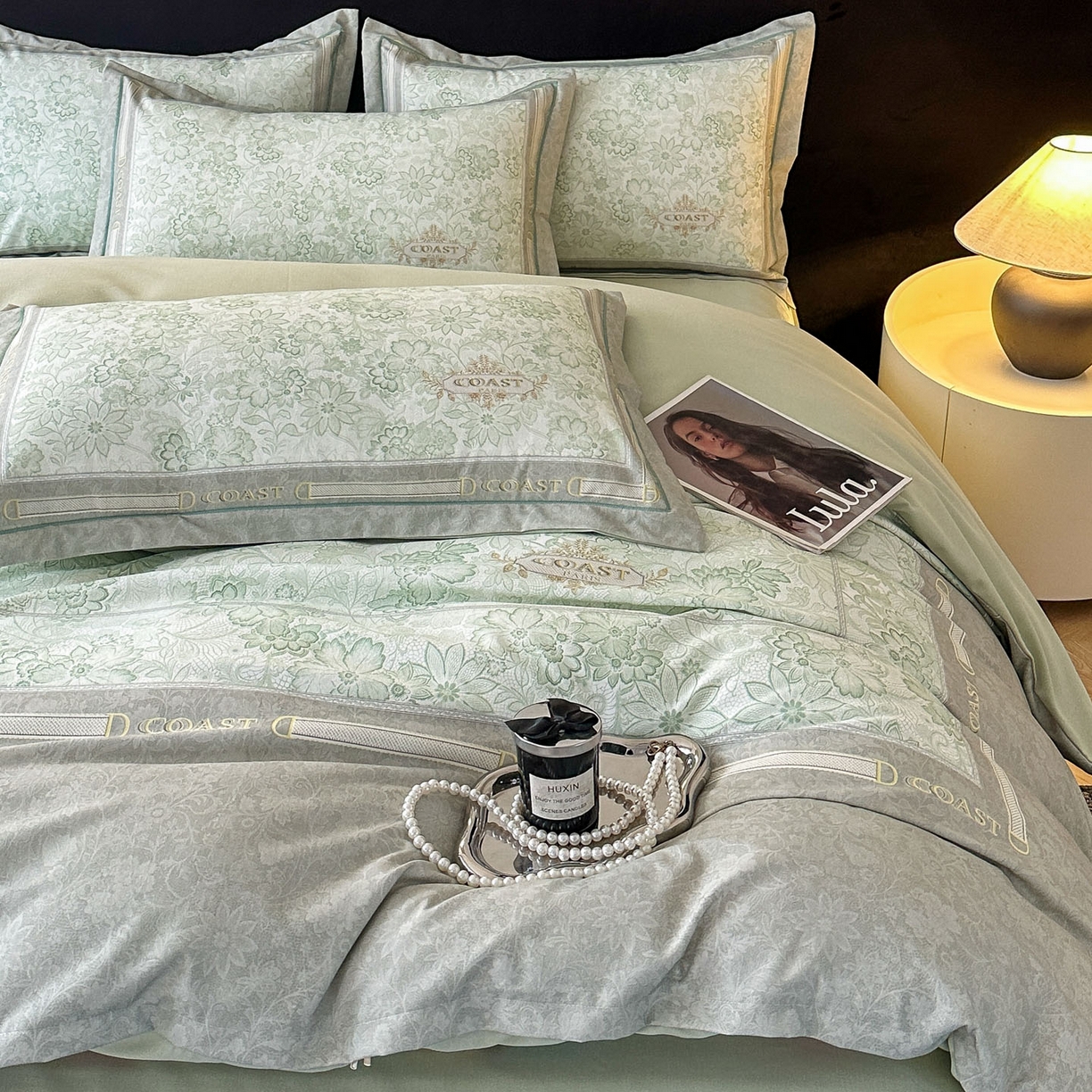 91家纺网 家纺一手货源 找家纺 喜四方 2026年新款加厚全棉印花加绣花四件套 花样年华-绿