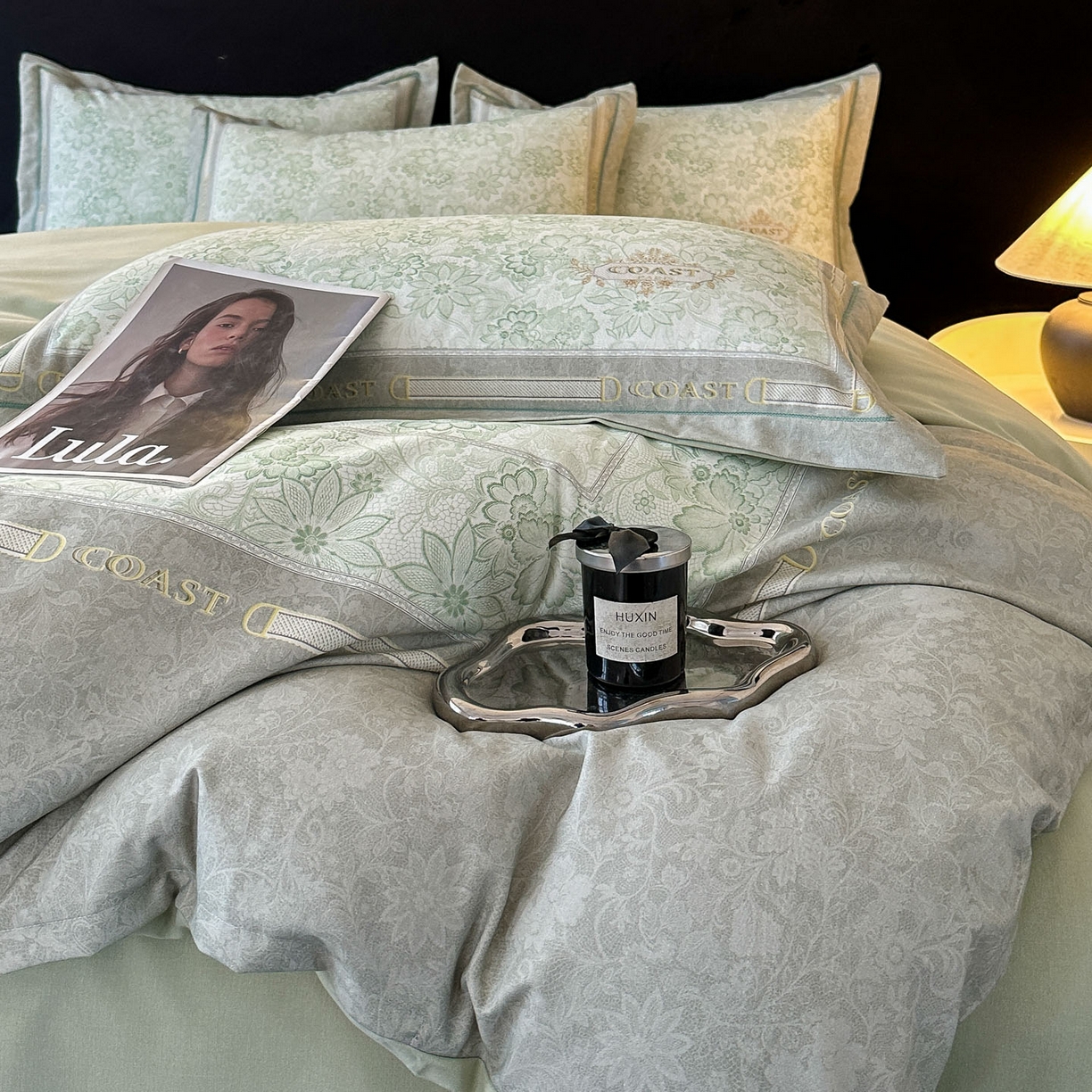 91家纺网 家纺一手货源 找家纺 喜四方 2026年新款加厚全棉印花加绣花四件套 花样年华-绿