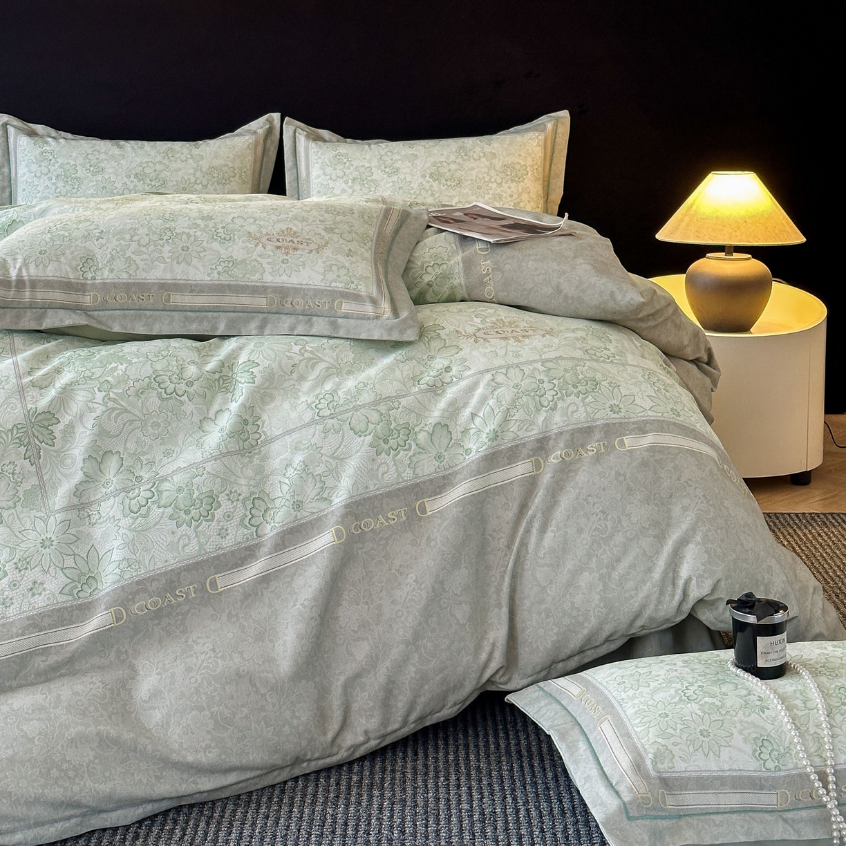 91家纺网 家纺一手货源 找家纺 喜四方 2026年新款加厚全棉印花加绣花四件套 花样年华-绿