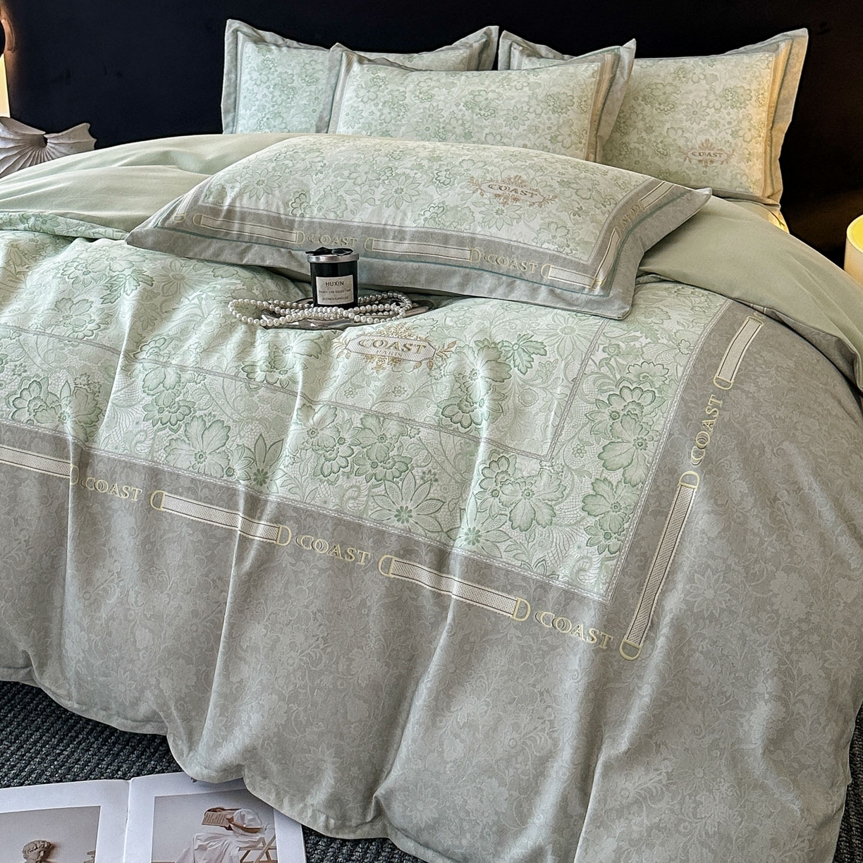 91家纺网 家纺一手货源 找家纺 喜四方 2026年新款加厚全棉印花加绣花四件套 花样年华-绿