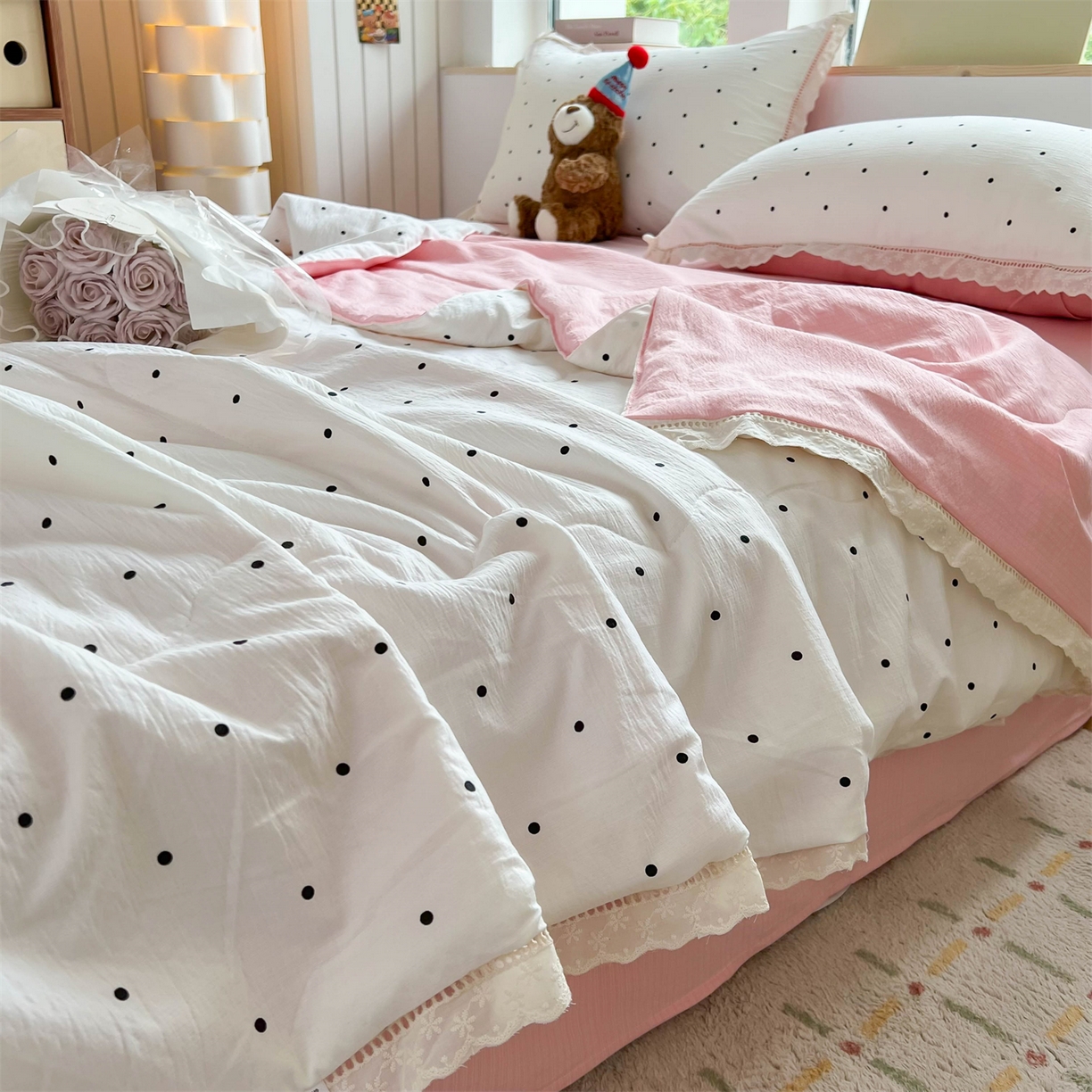 91家纺网 家纺一手货源 找家纺 （总）温眠家纺 2025新款云感双层纱镂空花边夏被四件套