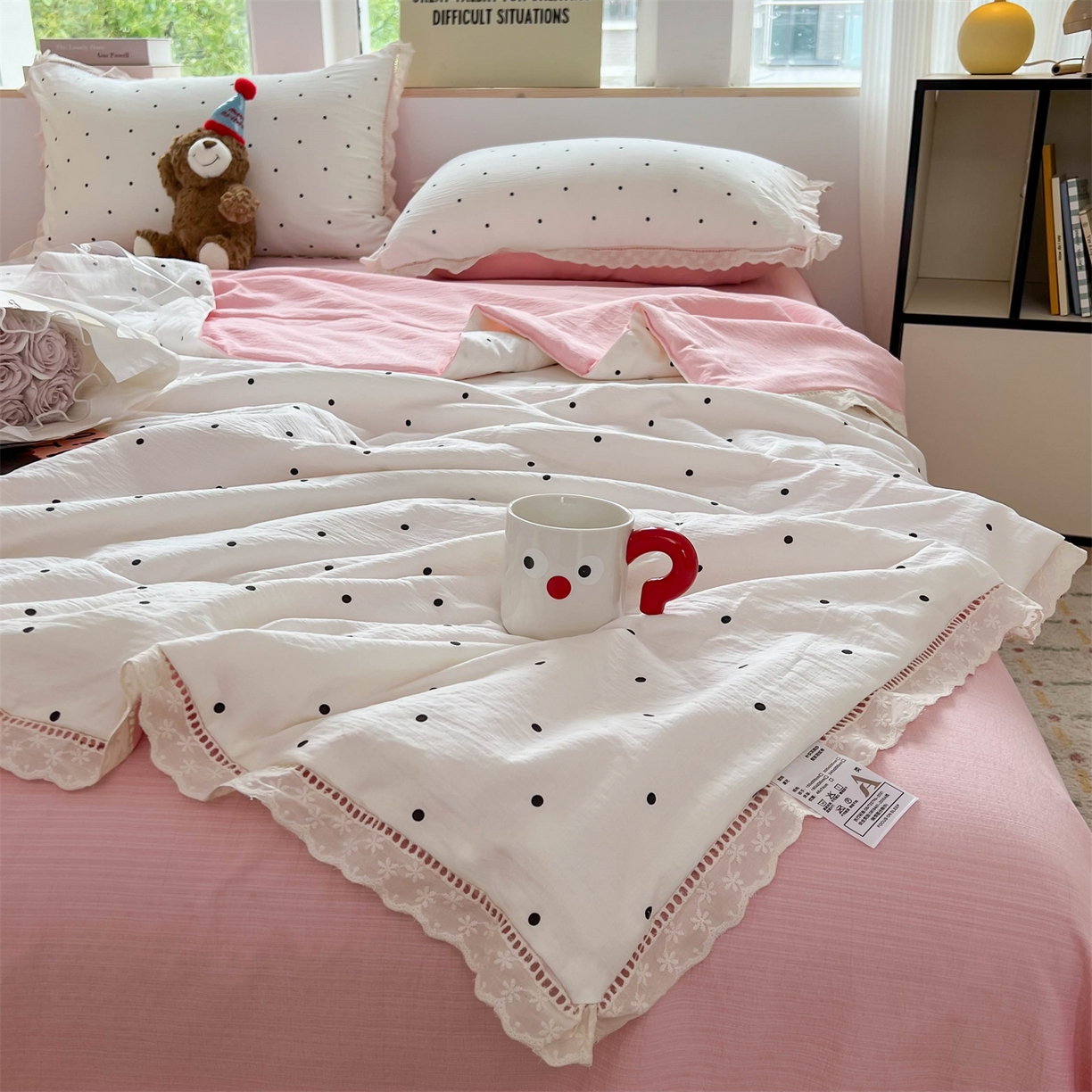 91家纺网 家纺一手货源 找家纺 温眠家纺 2025新款云感双层纱镂空花边夏被四件套 初恋