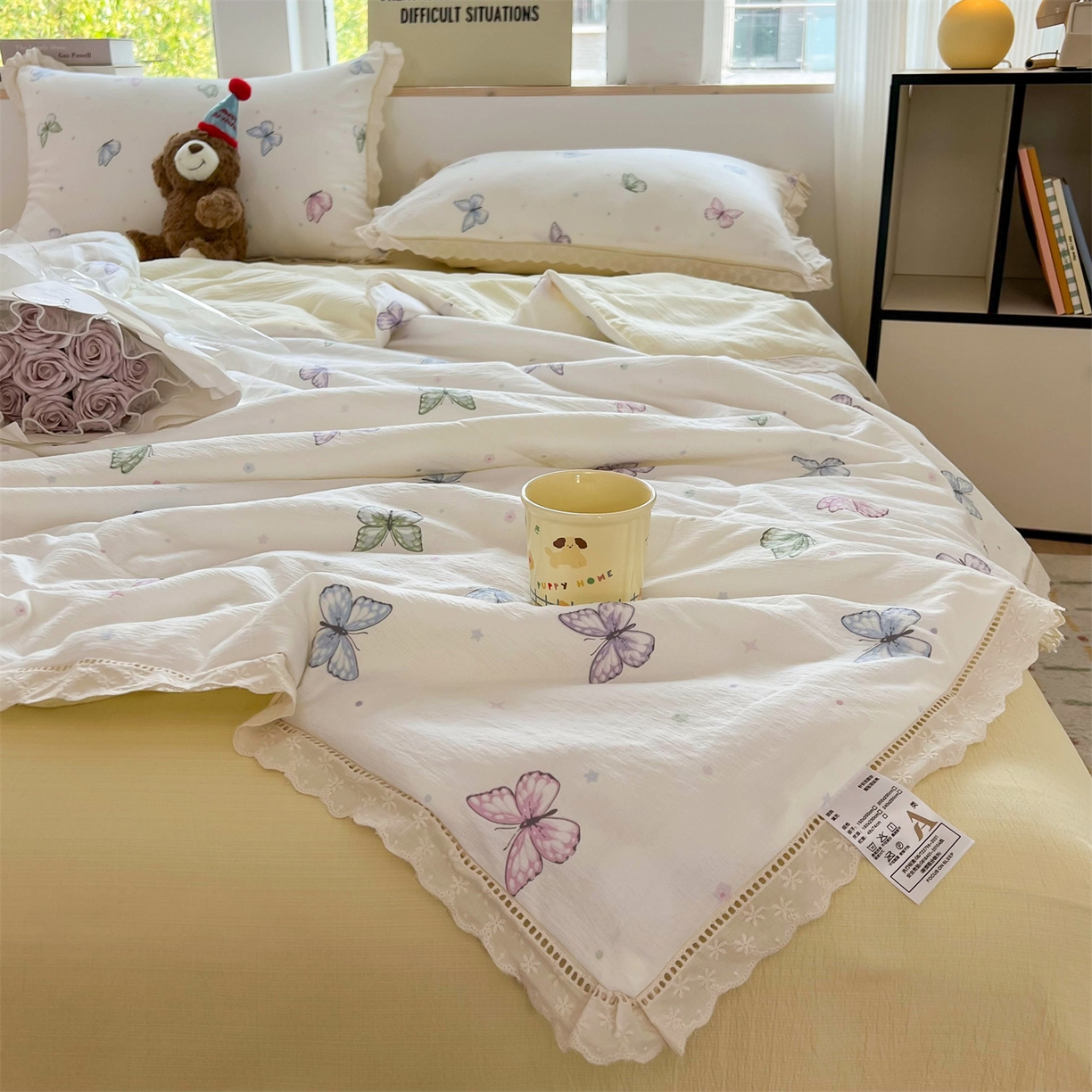 91家纺网 家纺一手货源 找家纺 温眠家纺 2025新款云感双层纱镂空花边夏被四件套 蝶舞