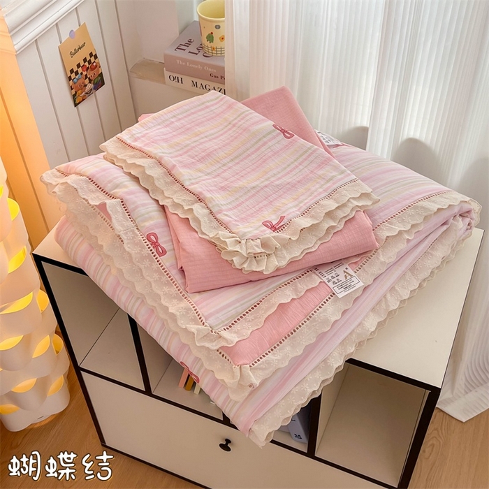 温眠家纺 2025新款云感双层纱镂空花边夏被四件套 蝴蝶结