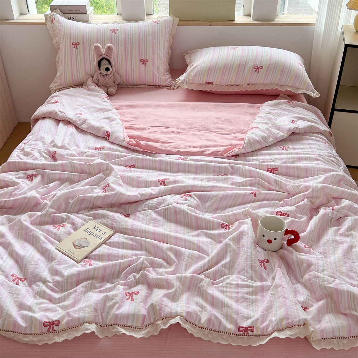 91家纺网 家纺一手货源 找家纺 温眠家纺 2025新款云感双层纱镂空花边夏被四件套 蝴蝶结