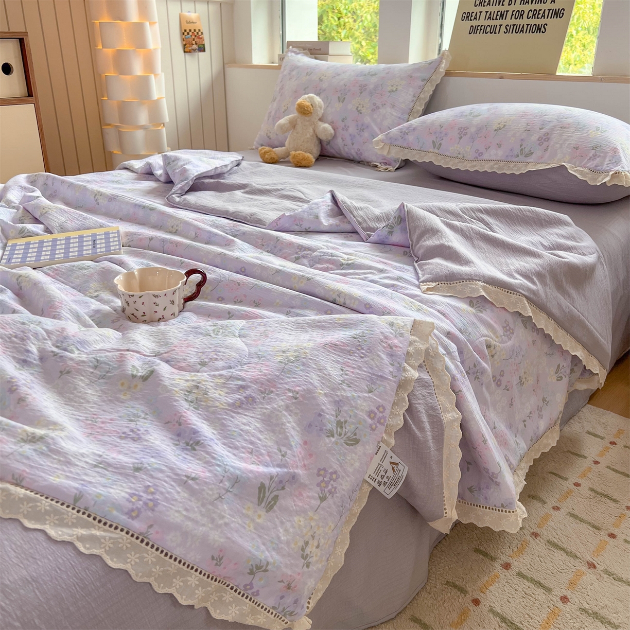 91家纺网 家纺一手货源 找家纺 温眠家纺 2025新款云感双层纱镂空花边夏被四件套 可颂