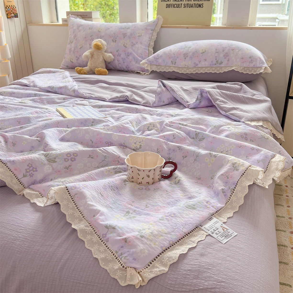 91家纺网 家纺一手货源 找家纺 温眠家纺 2025新款云感双层纱镂空花边夏被四件套 可颂