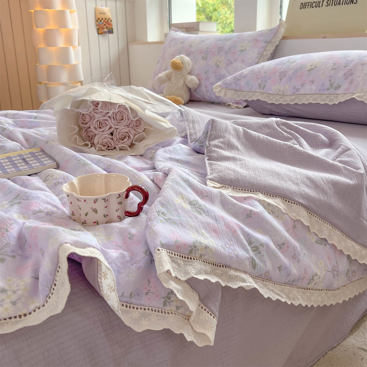 91家纺网 家纺一手货源 找家纺 温眠家纺 2025新款云感双层纱镂空花边夏被四件套 可颂