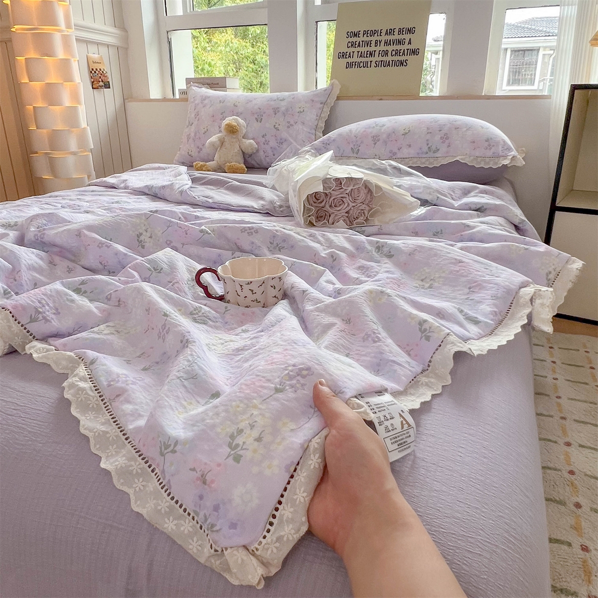 91家纺网 家纺一手货源 找家纺 温眠家纺 2025新款云感双层纱镂空花边夏被四件套 可颂