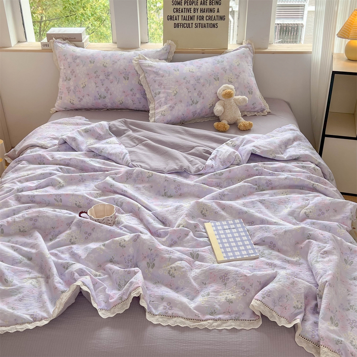 91家纺网 家纺一手货源 找家纺 温眠家纺 2025新款云感双层纱镂空花边夏被四件套 可颂