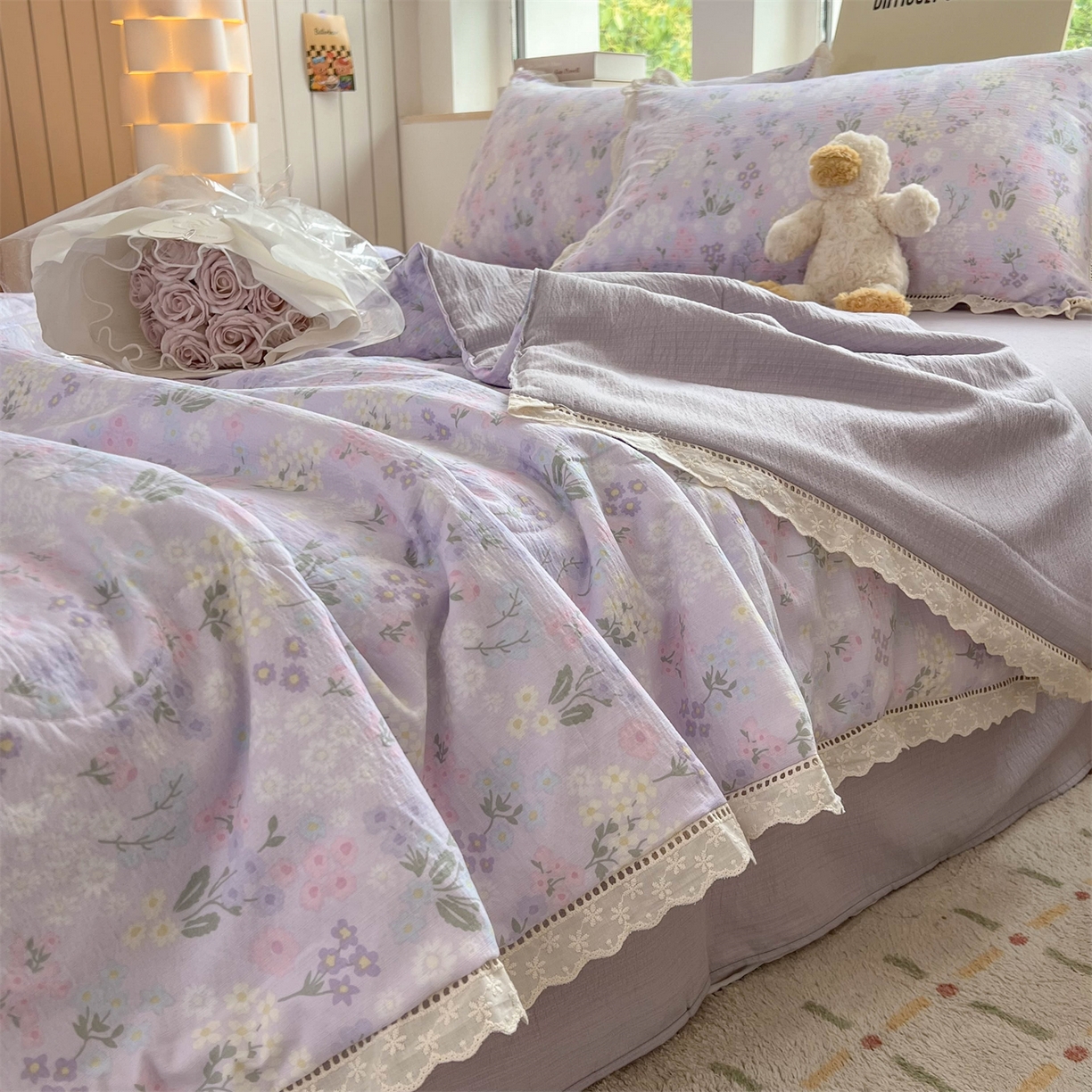 91家纺网 家纺一手货源 找家纺 温眠家纺 2025新款云感双层纱镂空花边夏被四件套 可颂