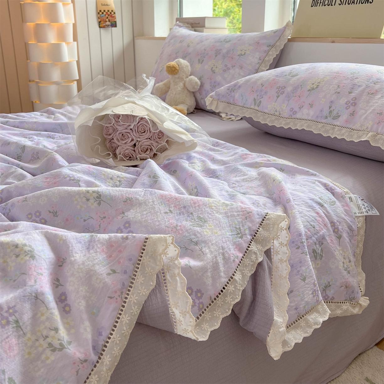 91家纺网 家纺一手货源 找家纺 温眠家纺 2025新款云感双层纱镂空花边夏被四件套 可颂