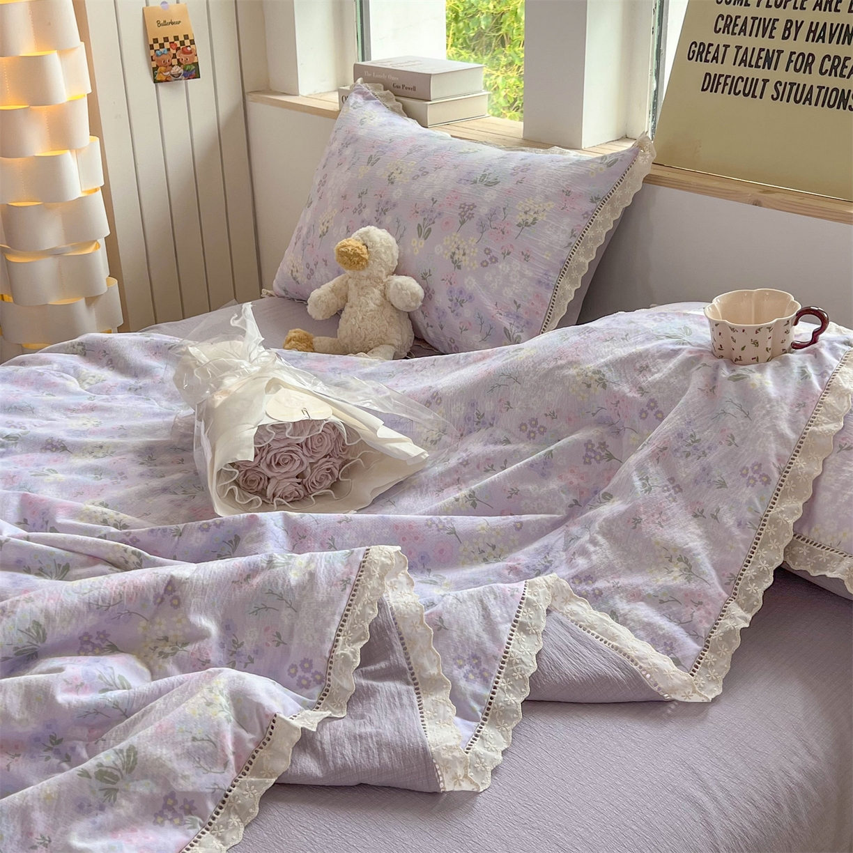 91家纺网 家纺一手货源 找家纺 温眠家纺 2025新款云感双层纱镂空花边夏被四件套 可颂