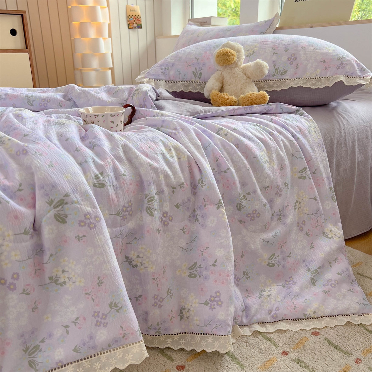 91家纺网 家纺一手货源 找家纺 温眠家纺 2025新款云感双层纱镂空花边夏被四件套 可颂