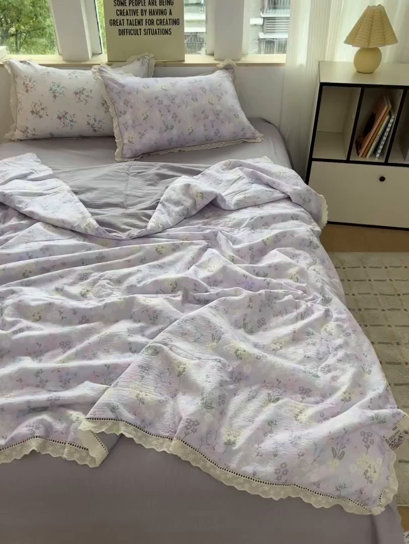 91家纺网 家纺一手货源 找家纺 温眠家纺 2025新款云感双层纱镂空花边夏被四件套 可颂