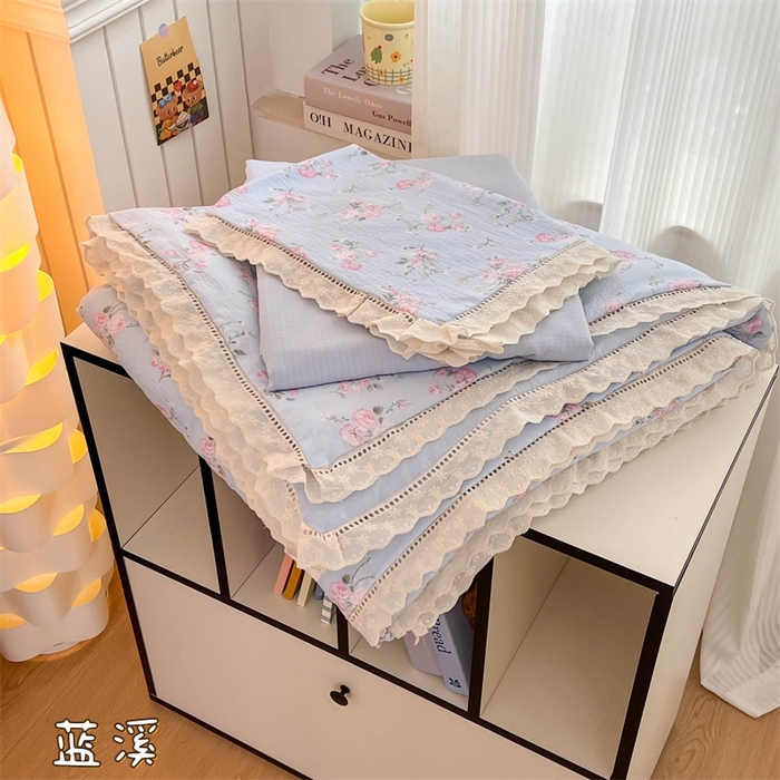 温眠家纺 2025新款云感双层纱镂空花边夏被四件套 蓝溪