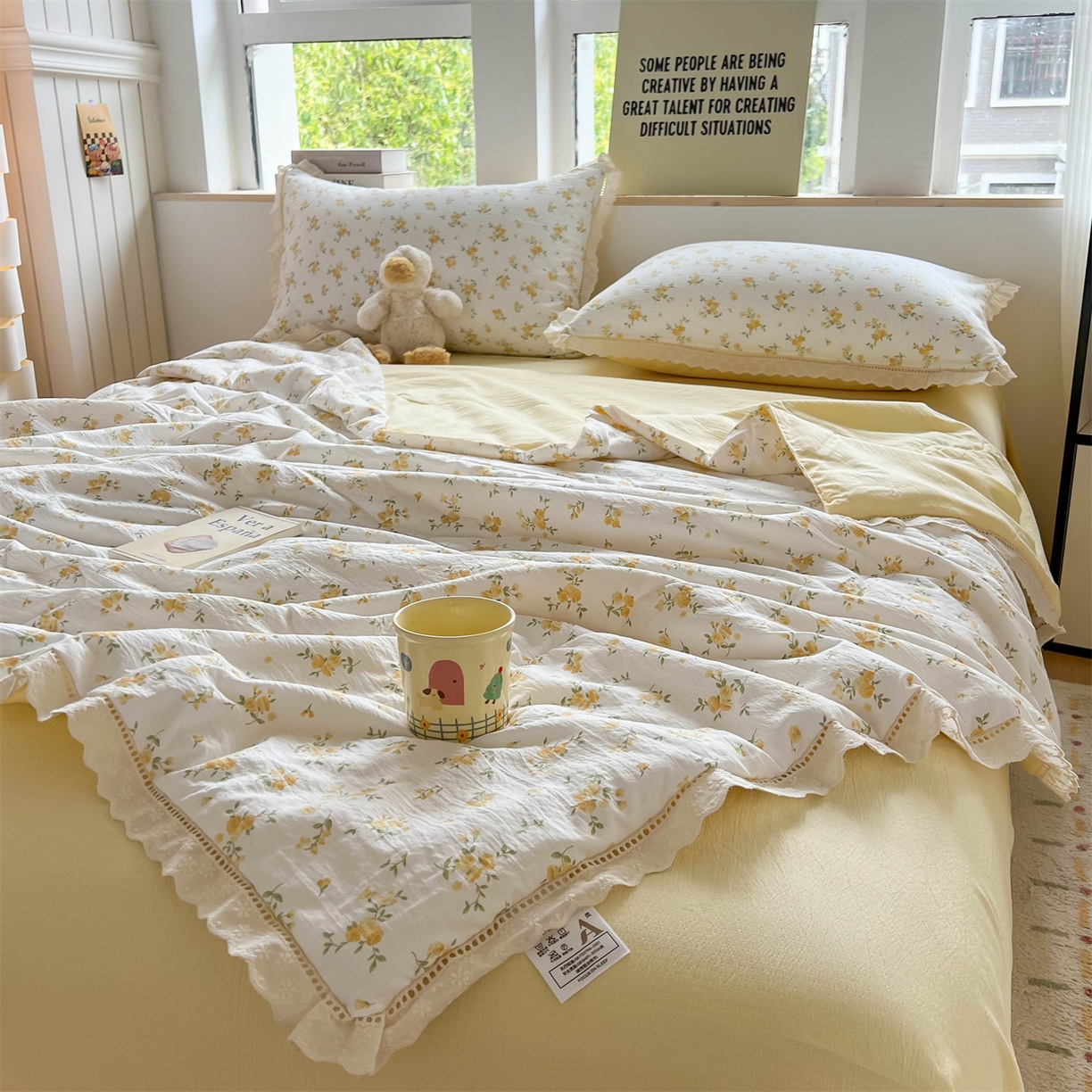 91家纺网 家纺一手货源 找家纺 温眠家纺 2025新款云感双层纱镂空花边夏被四件套 梨花落