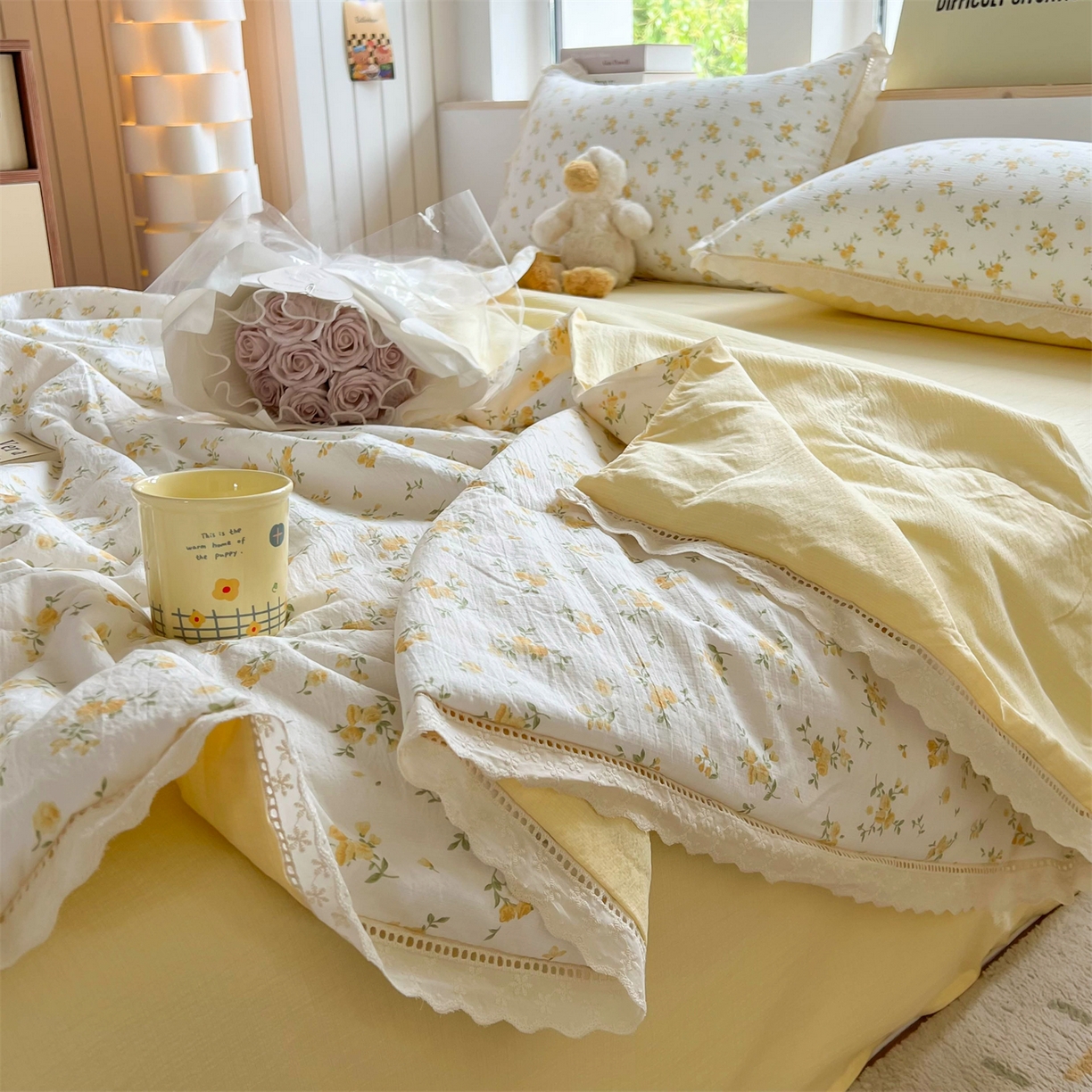 91家纺网 家纺一手货源 找家纺 温眠家纺 2025新款云感双层纱镂空花边夏被四件套 梨花落