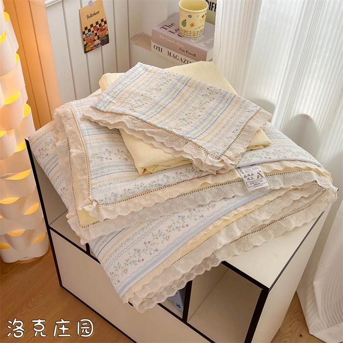 温眠家纺 2025新款云感双层纱镂空花边夏被四件套 洛克庄园
