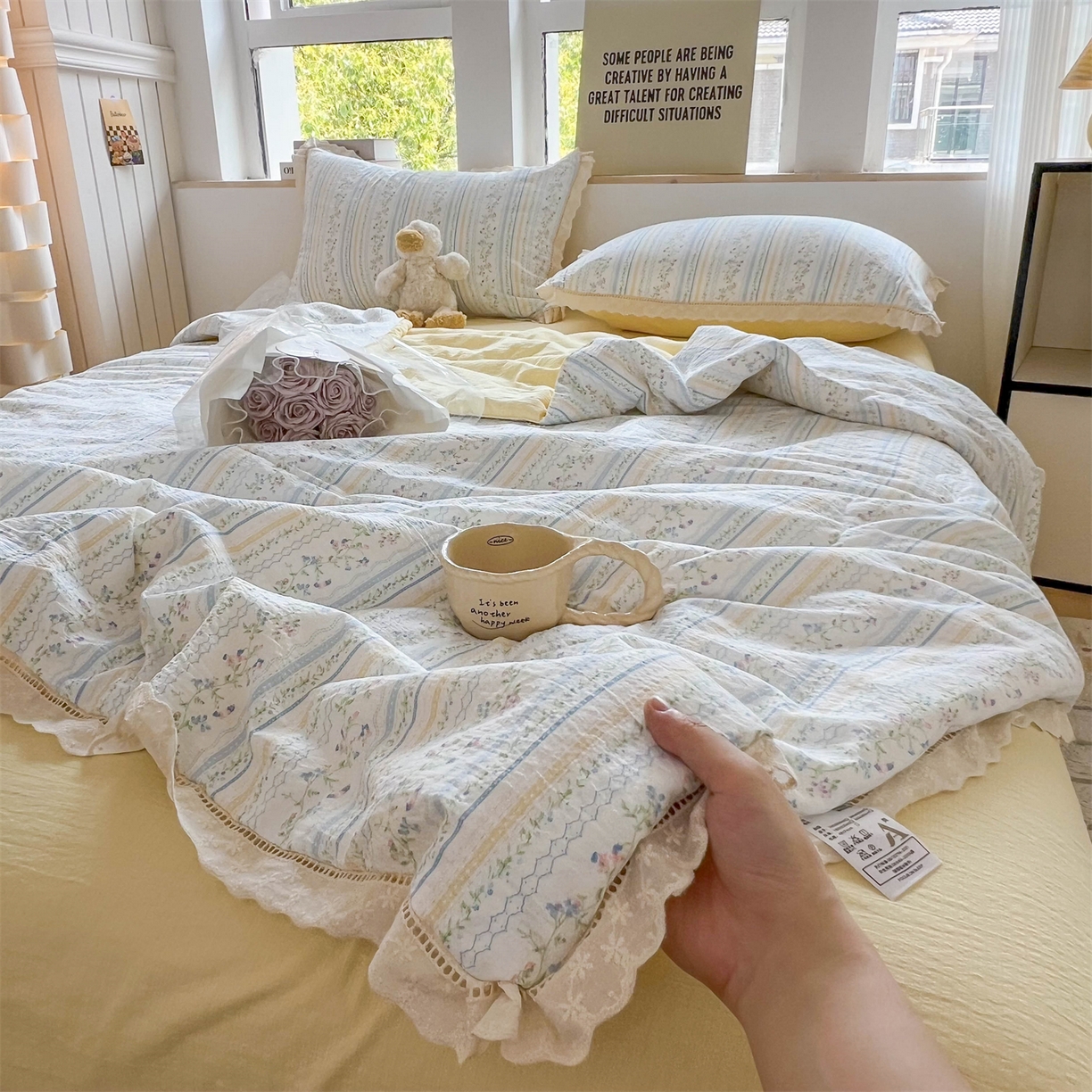 91家纺网 家纺一手货源 找家纺 温眠家纺 2025新款云感双层纱镂空花边夏被四件套 洛克庄园