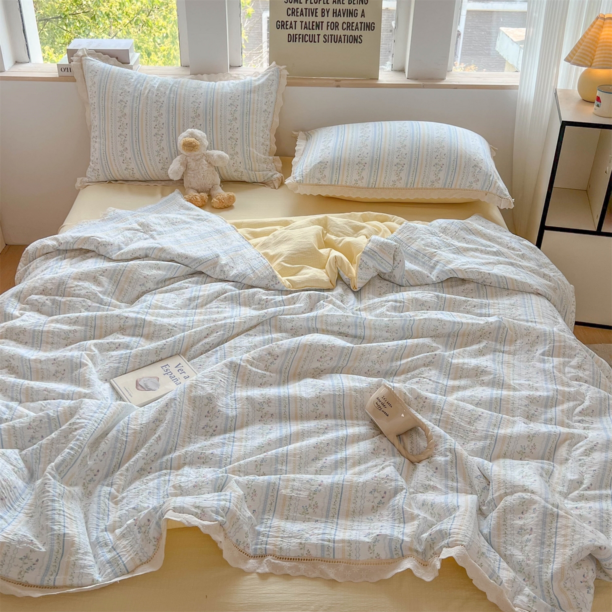 91家纺网 家纺一手货源 找家纺 温眠家纺 2025新款云感双层纱镂空花边夏被四件套 洛克庄园