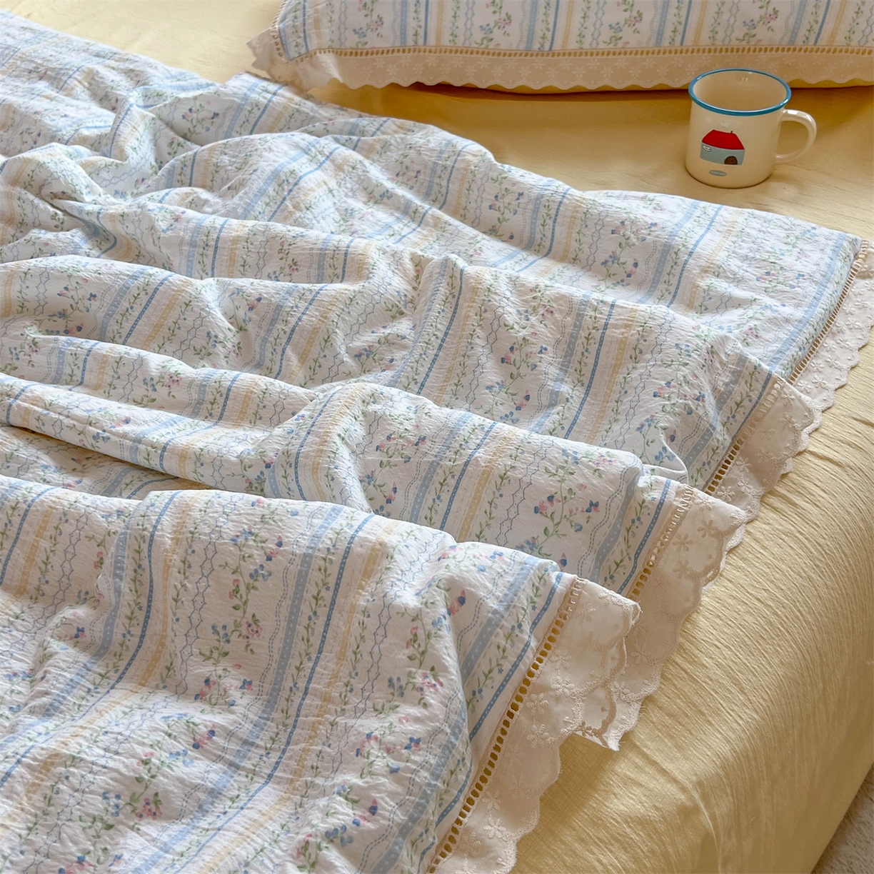 91家纺网 家纺一手货源 找家纺 温眠家纺 2025新款云感双层纱镂空花边夏被四件套 洛克庄园