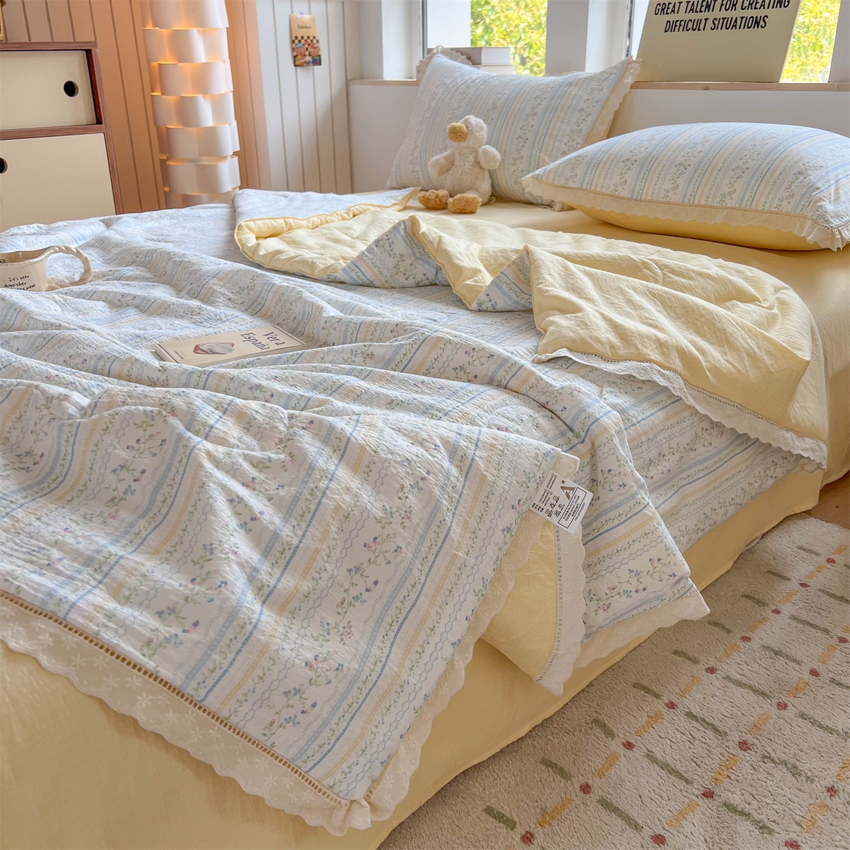 91家纺网 家纺一手货源 找家纺 温眠家纺 2025新款云感双层纱镂空花边夏被四件套 洛克庄园