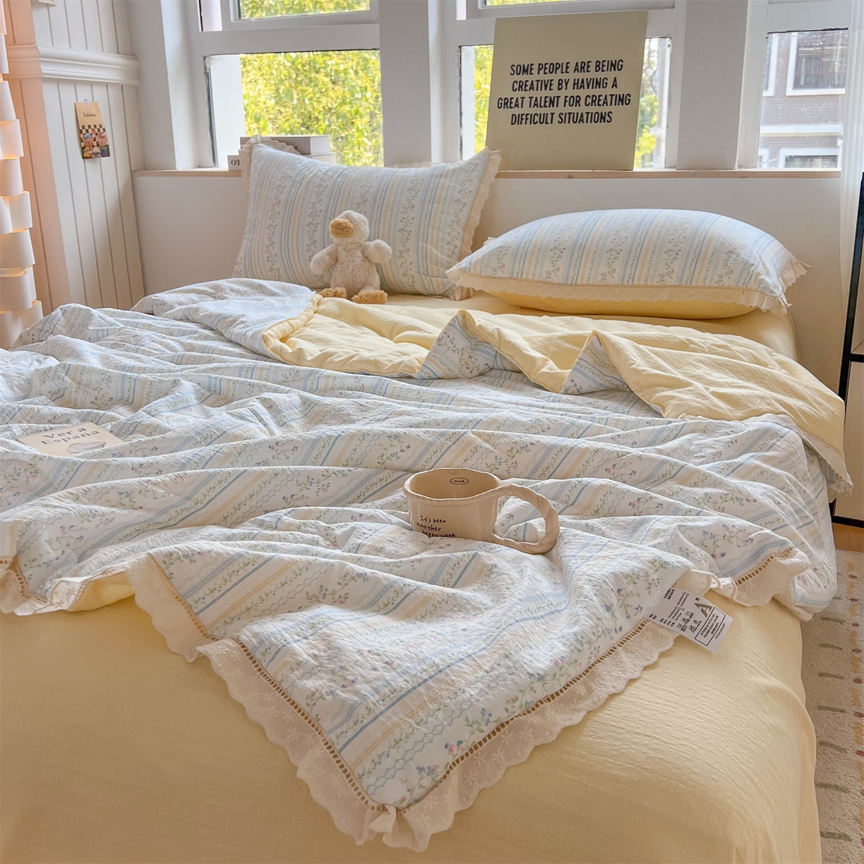 91家纺网 家纺一手货源 找家纺 温眠家纺 2025新款云感双层纱镂空花边夏被四件套 洛克庄园