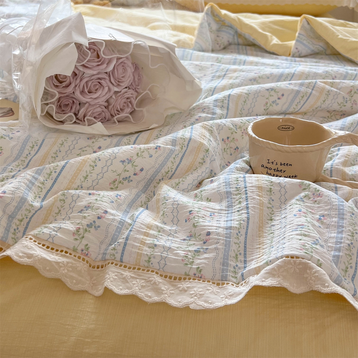 91家纺网 家纺一手货源 找家纺 温眠家纺 2025新款云感双层纱镂空花边夏被四件套 洛克庄园