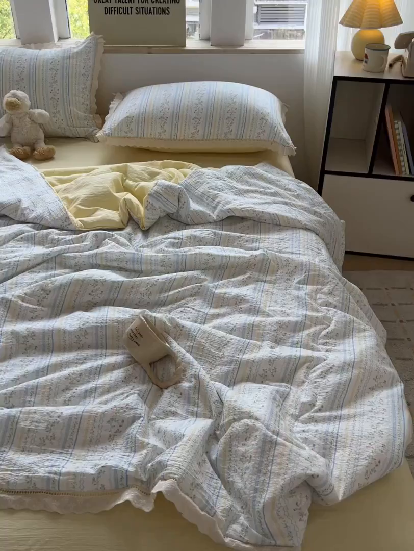 91家纺网 家纺一手货源 找家纺 温眠家纺 2025新款云感双层纱镂空花边夏被四件套 洛克庄园