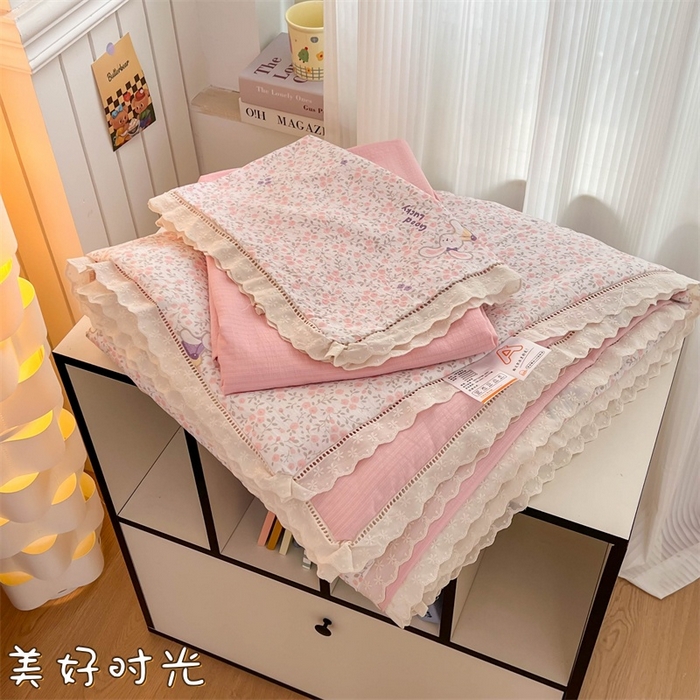 温眠家纺 2025新款云感双层纱镂空花边夏被四件套 美好时光